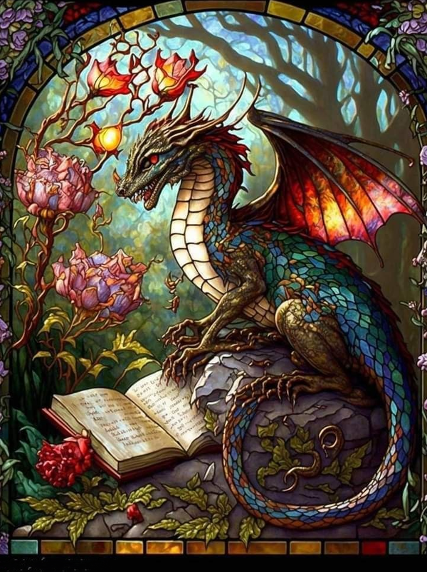 Stained Glass Dragon Spell Book Shadows Fantasy Art Print DIY Cottage Core Make Your Own Poster Cards Home Decor Instant Download