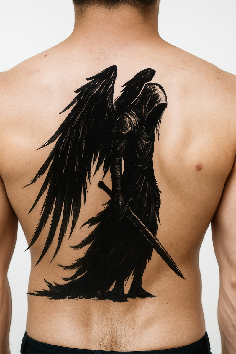 The Dark Sentinel – Hooded Fallen Angel Sword Tattoo Design PNG SVG Download for Gothic Fantasy Art, Back Piece, Sublimation or Craft Use