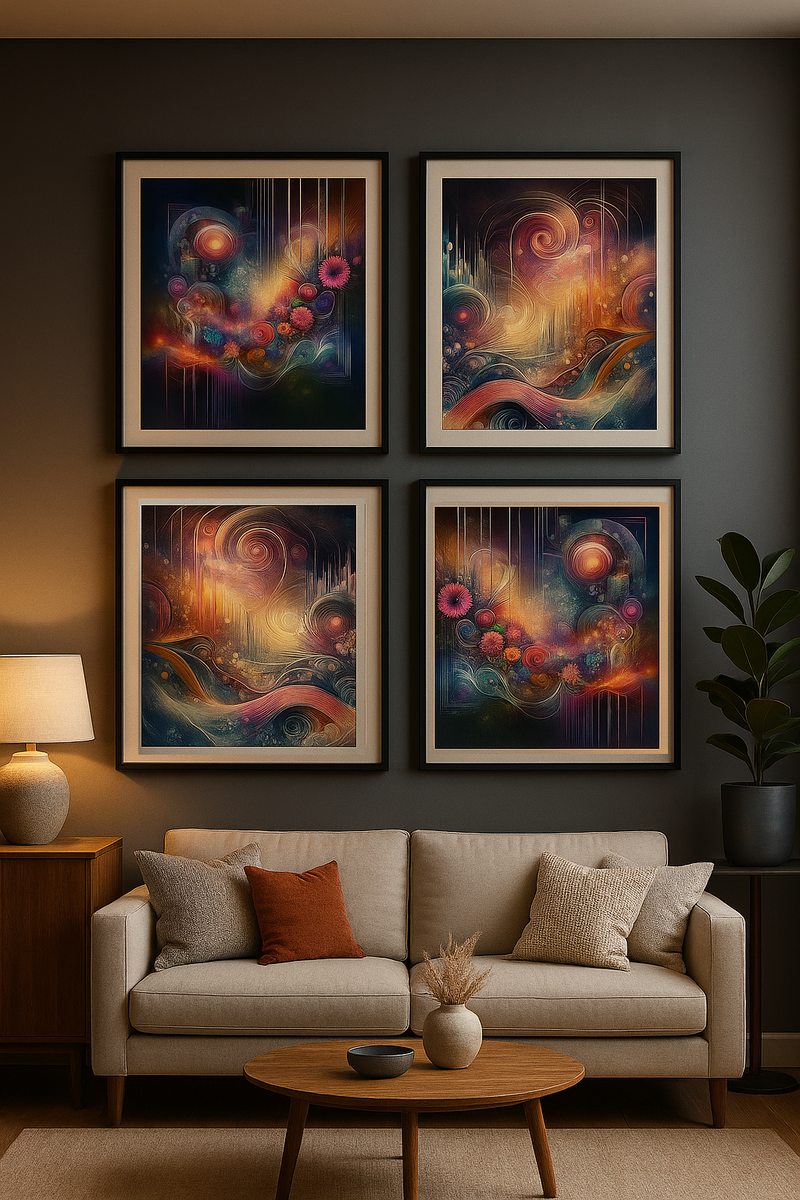 Abstract Floral Geometric Cosmos Art Set Digital Prints | Resizable High-Resolution Non-Pixelating Download | 4 Scalable Un-Framed Art Files
