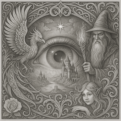 Mystic Realm Coloring Book – 10+ Greyscale Fantasy Pages for Printable Art Featuring Wizards, Phoenix, Elves, Castles & Magic Scenes