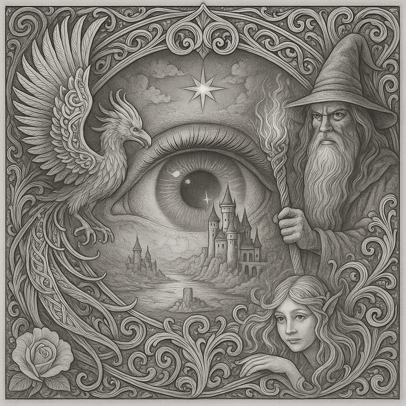 Mystic Realm Coloring Book – 10+ Greyscale Fantasy Pages for Printable Art Featuring Wizards, Phoenix, Elves, Castles & Magic Scenes