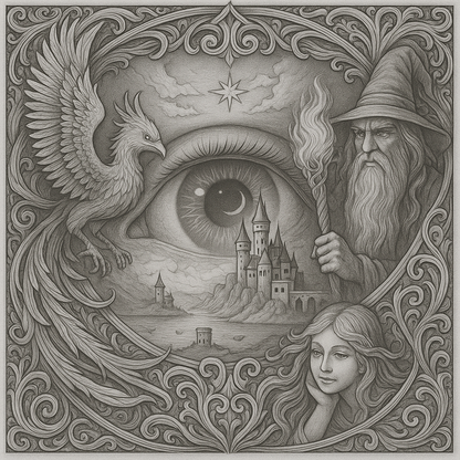 Mystic Realm Coloring Book – 10+ Greyscale Fantasy Pages for Printable Art Featuring Wizards, Phoenix, Elves, Castles & Magic Scenes