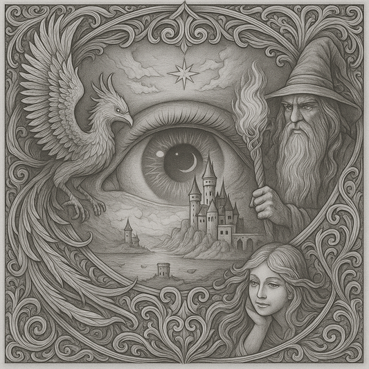 Mystic Realm Coloring Book – 10+ Greyscale Fantasy Pages for Printable Art Featuring Wizards, Phoenix, Elves, Castles & Magic Scenes