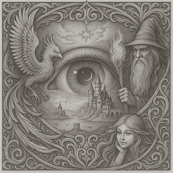 Mystic Realm Coloring Book – 10+ Greyscale Fantasy Pages for Printable Art Featuring Wizards, Phoenix, Elves, Castles & Magic Scenes