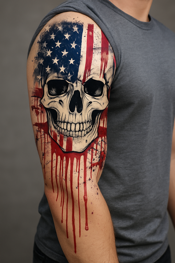 American Rebel Skull Flash Tattoo Art Wall Display  USA Flag Skull with Red Ink Drips – Patriotic Printable Digital Download 4th of July Art