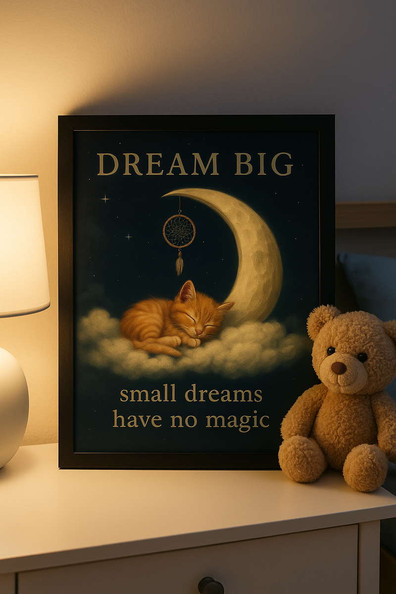 Dream Big Kitten Printable Wall Art 3 Dreamy Design Options – Crescent Moon, Cloud Bed, and Dream Catcher Themes PNG SVG Digital Downloads