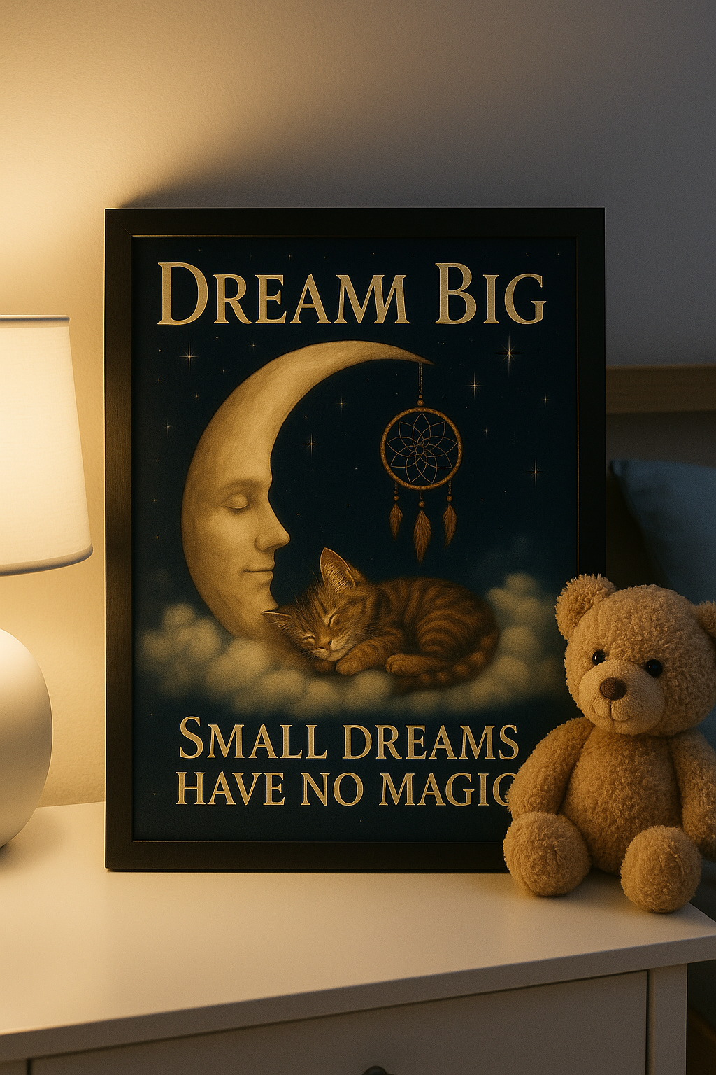 Dream Big Kitten Printable Wall Art 3 Dreamy Design Options – Crescent Moon, Cloud Bed, and Dream Catcher Themes PNG SVG Digital Downloads