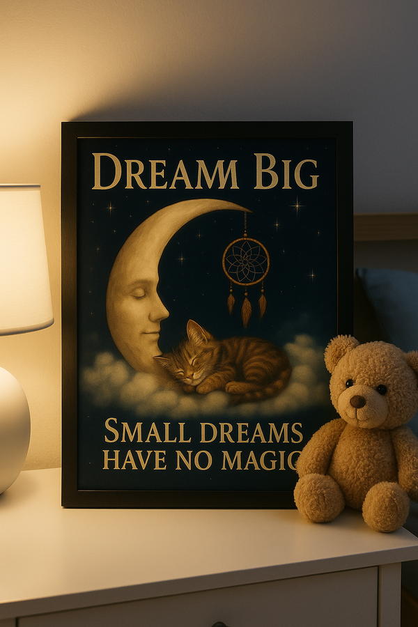 Dream Big Kitten Printable Wall Art 3 Dreamy Design Options – Crescent Moon, Cloud Bed, and Dream Catcher Themes PNG SVG Digital Downloads