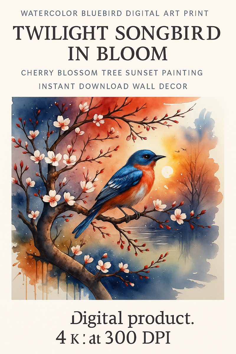Twilight Songbird in Bloom – Watercolor Bluebird Digital Art Print – Cherry Blossom Tree Sunset Painting – Instant Download DIY Wall Decor