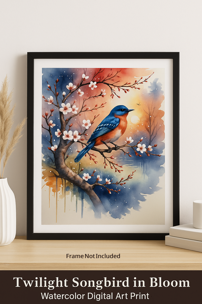 Twilight Songbird in Bloom – Watercolor Bluebird Digital Art Print – Cherry Blossom Tree Sunset Painting – Instant Download DIY Wall Decor