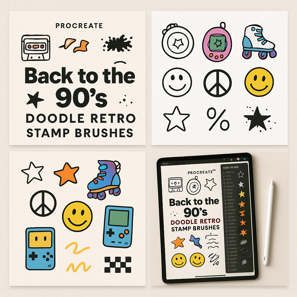 Back to the 90s Procreate Stamp Brushes | 30 Retro Doodle Stamp Brushes for iPad | 90s Aesthetic Color + B&W Brushset