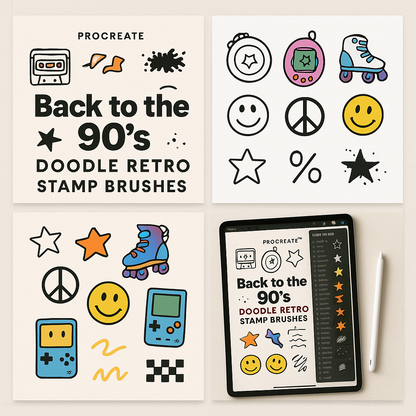 Back to the 90s Procreate Stamp Brushes | 30 Retro Doodle Stamp Brushes for iPad | 90s Aesthetic Color + B&W Brushset