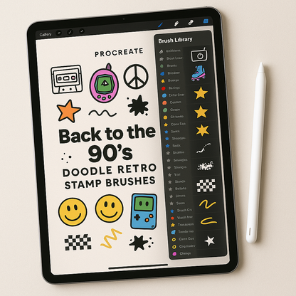 Back to the 90s Procreate Stamp Brushes | 30 Retro Doodle Stamp Brushes for iPad | 90s Aesthetic Color + B&W Brushset