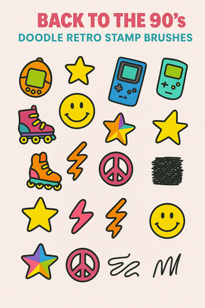 Back to the 90s Procreate Stamp Brushes | 30 Retro Doodle Stamp Brushes for iPad | 90s Aesthetic Color + B&W Brushset