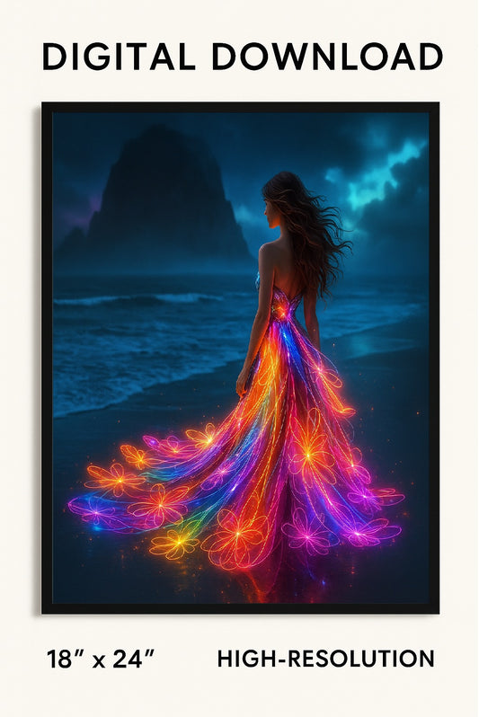 Radiant Elegance: Goddess of the Neon Tide – High Resolution Fantasy Artwork PNG Download – Vibrant Glow Dress Moonlit Beach Digital Print