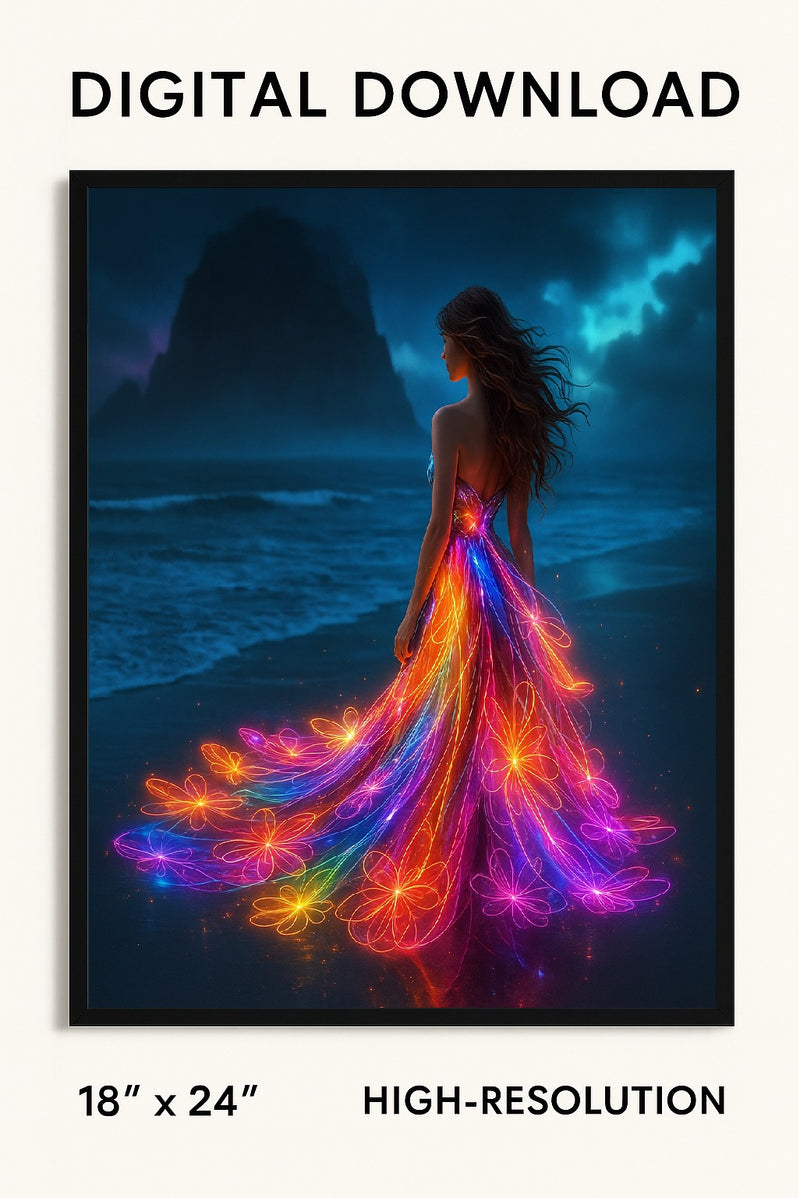 Radiant Elegance: Goddess of the Neon Tide – High Resolution Fantasy Artwork PNG Download – Vibrant Glow Dress Moonlit Beach Digital Print