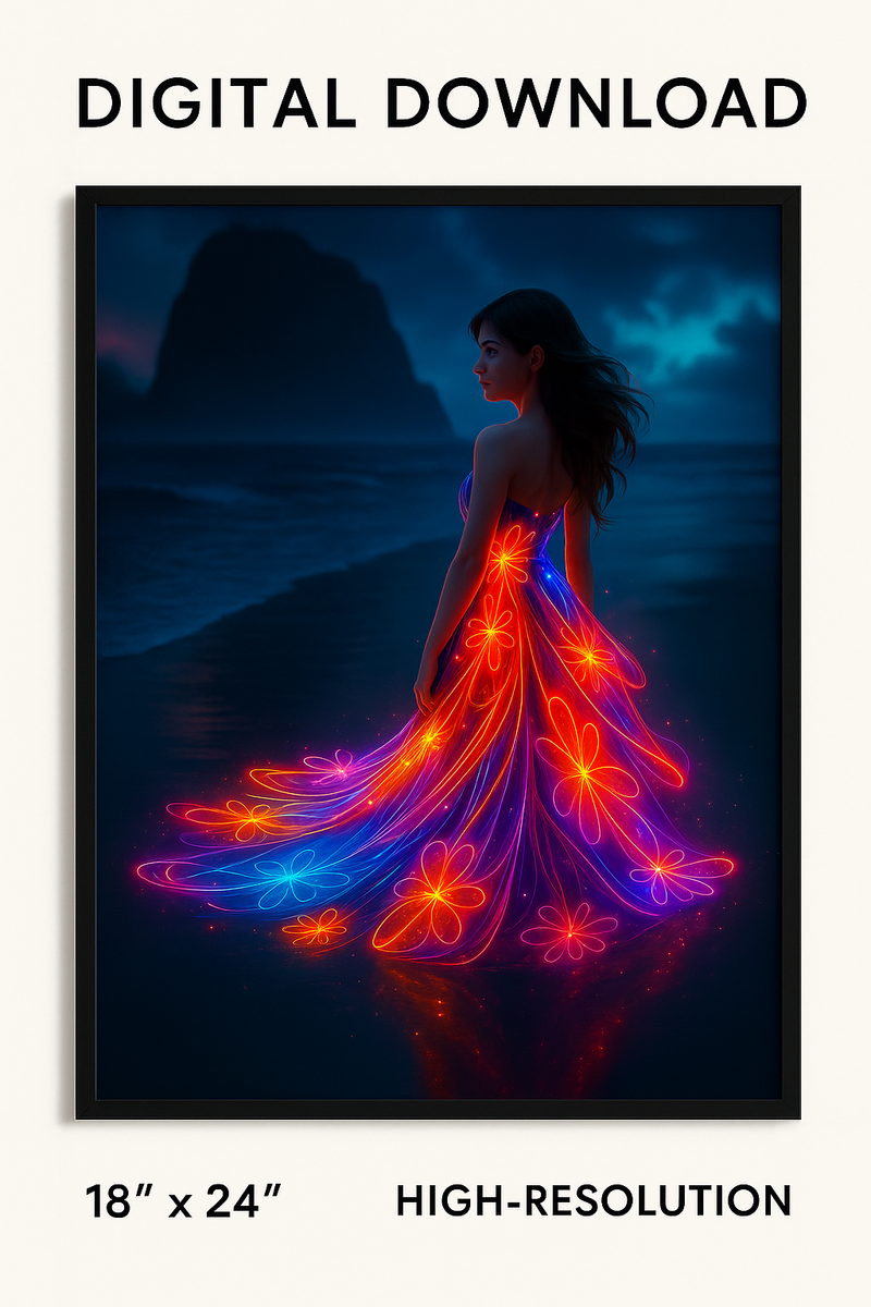Radiant Elegance: Goddess of the Neon Tide – High Resolution Fantasy Artwork PNG Download – Vibrant Glow Dress Moonlit Beach Digital Print