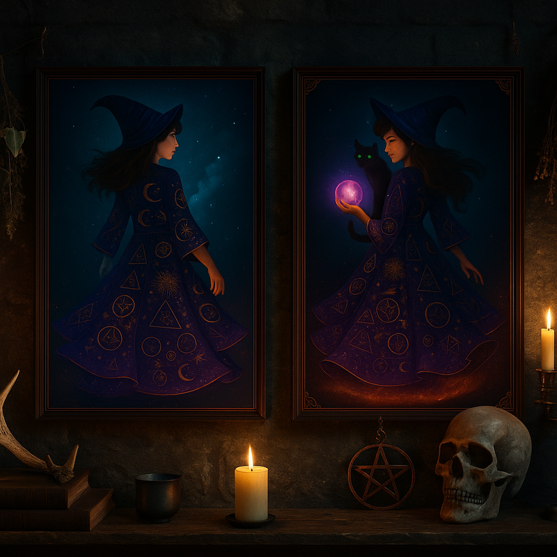Witch Wall Art Set of 2 – Digital Downloads – Mystical Witch and Cat Printable Art – Dark Academia Witchcore Decor for Home Coven or Altar