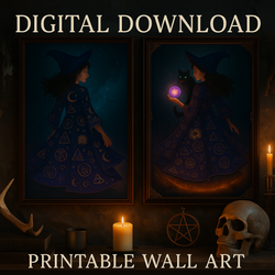 Witch Wall Art Set of 2 – Digital Downloads – Mystical Witch and Cat Printable Art – Dark Academia Witchcore Decor for Home Coven or Altar