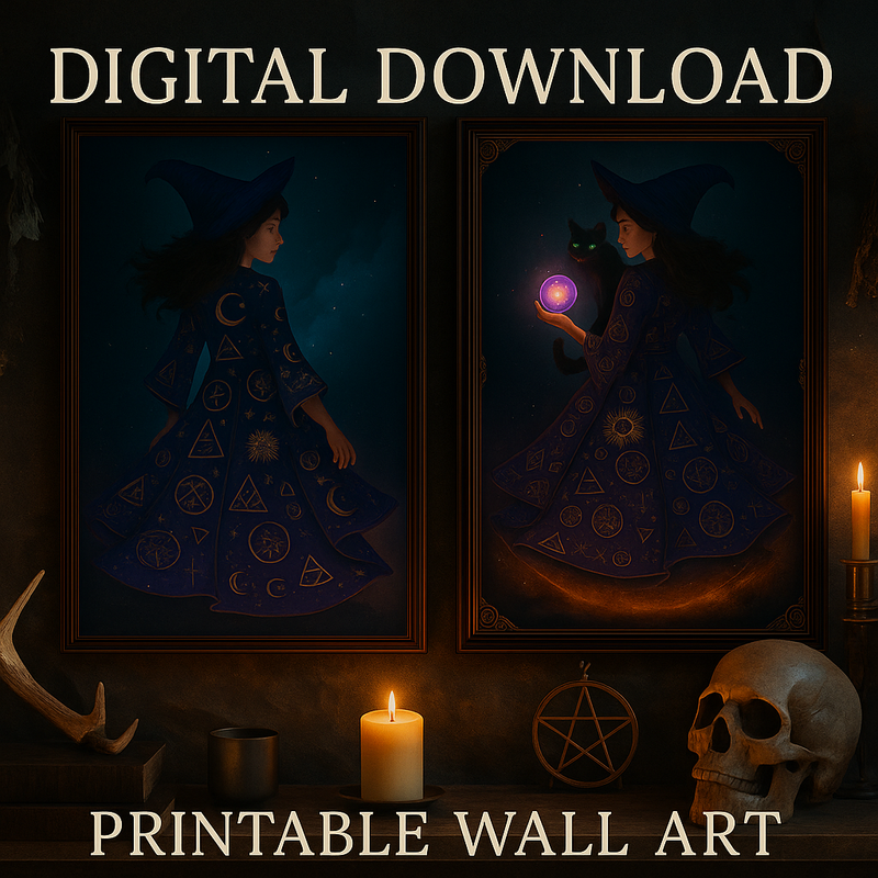 Witch Wall Art Set of 2 – Digital Downloads – Mystical Witch and Cat Printable Art – Dark Academia Witchcore Decor for Home Coven or Altar