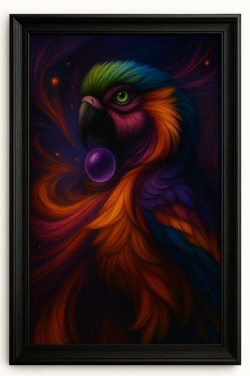 Rainbow Parrot Spirit – Vibrant Psychedelic Bird Artwork with Crystal Orb – Mystical Energy Wall Art Download