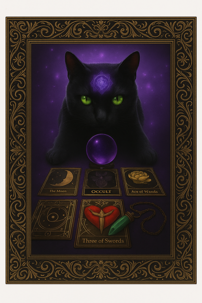 Mystic Feline Tarot Art Download – 4K Digital Print of Black Cat with Crystal Ball and Occult Cards – Witchy Divination Decor for Altar Wall