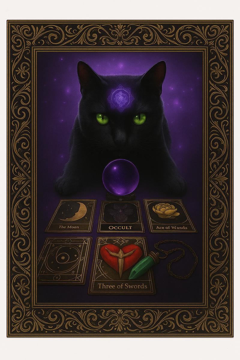 Mystic Feline Tarot Art Download – 4K Digital Print of Black Cat with Crystal Ball and Occult Cards – Witchy Divination Decor for Altar Wall