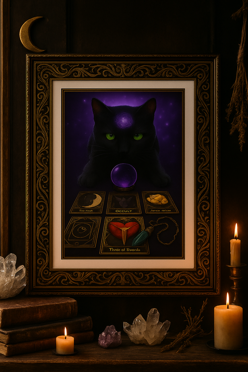 Mystic Feline Tarot Art Download – 4K Digital Print of Black Cat with Crystal Ball and Occult Cards – Witchy Divination Decor for Altar Wall