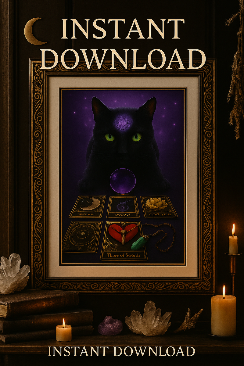 Mystic Feline Tarot Art Download – 4K Digital Print of Black Cat with Crystal Ball and Occult Cards – Witchy Divination Decor for Altar Wall
