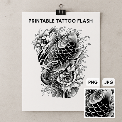 Koi Ascension – Full Back Japanese Tattoo Design | Blackwork Koi Fish with Peonies Waves | Printable Irezumi Tattoo Flash Download Artwork