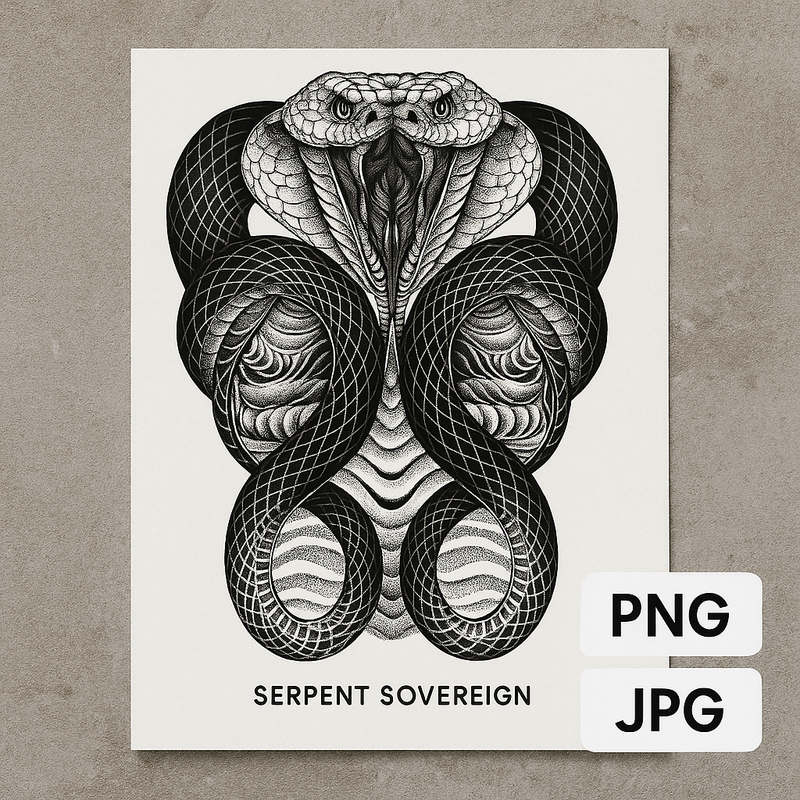 Serpent Sovereign – Cobra Back Tattoo Design | Printable Blackwork Snake Flash for Backpiece or Temporary Tattoo Design, DIY Craft Projects