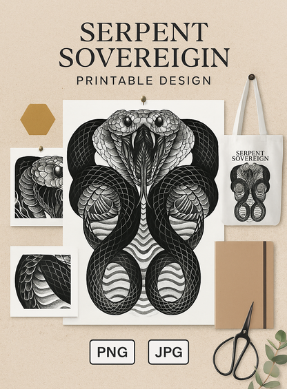 Serpent Sovereign – Cobra Back Tattoo Design | Printable Blackwork Snake Flash for Backpiece or Temporary Tattoo Design, DIY Craft Projects