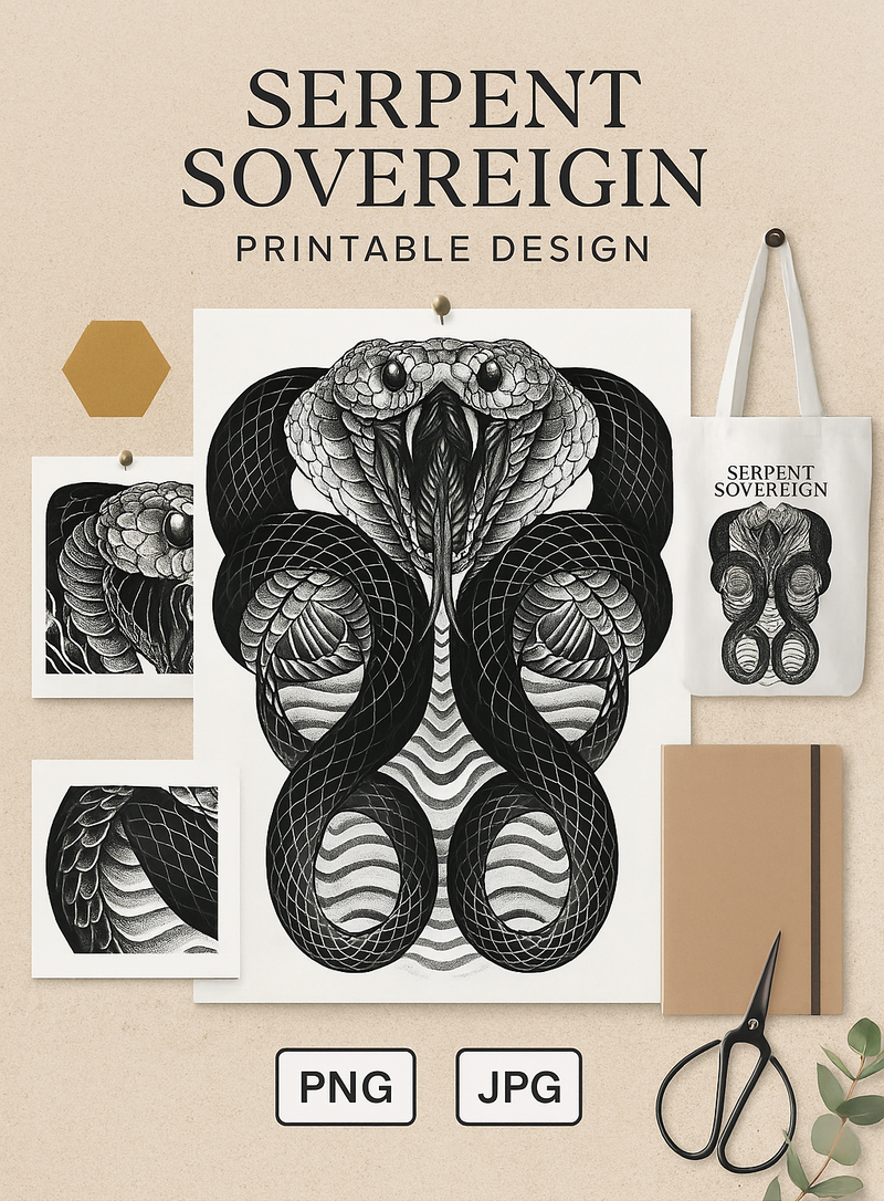 Serpent Sovereign – Cobra Back Tattoo Design | Printable Blackwork Snake Flash for Backpiece or Temporary Tattoo Design, DIY Craft Projects