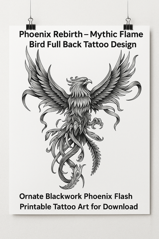 Phoenix Rebirth Full Back Tattoo Design | Rising Phoenix Blackwork Flash | Sacred Bird Printable Spiritual Tattoo Art Instant Download