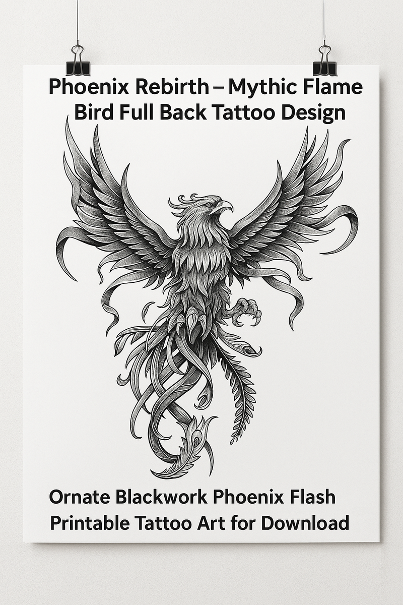 Phoenix Rebirth Full Back Tattoo Design | Rising Phoenix Blackwork Flash | Sacred Bird Printable Spiritual Tattoo Art Instant Download