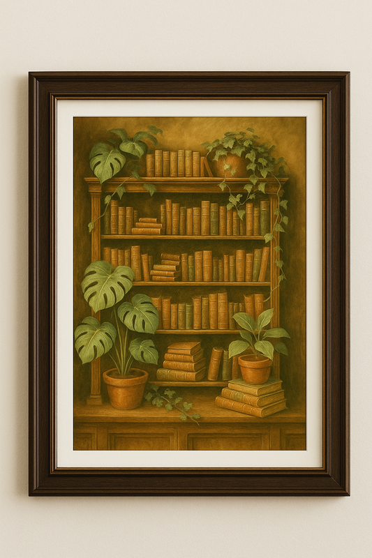 dark academia bookcase wall art with plants moody vintage library aesthetic for victorian literature and romantic reading room decor