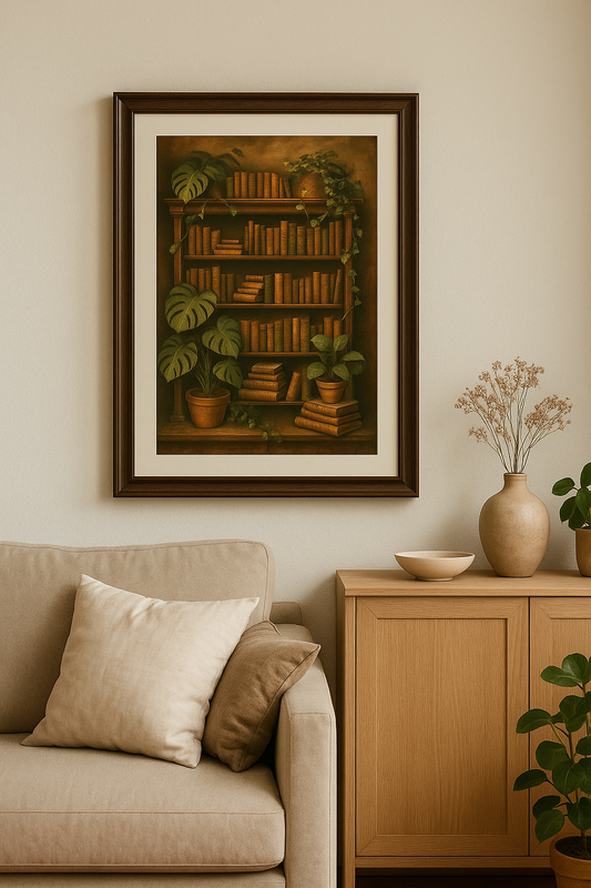 dark academia bookcase wall art with plants moody vintage library aesthetic for victorian literature and romantic reading room decor