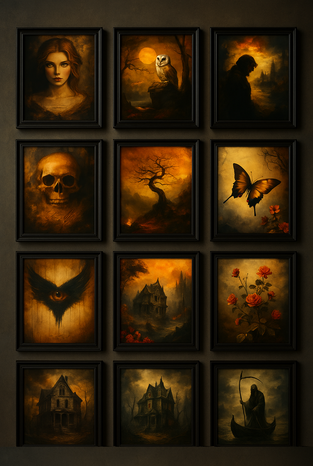 Gothic Halloween Wall Art Set Haunted Houses Grim Reaper Owl Skull Butterfly Roses Dark Academia Decor Gilmore Pages Printable Artwork