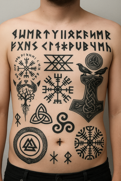 Viking Temporary Tattoo Set Norse Runes Vegvisir Compass Helm of Awe Nordic Warrior Designs for Cosplay LARP Festivals and Reenactments
