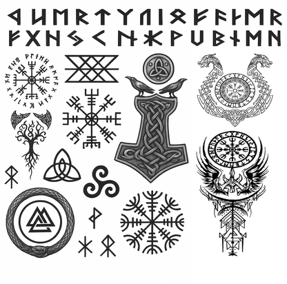 Viking Temporary Tattoo Set Norse Runes Vegvisir Compass Helm of Awe Nordic Warrior Designs for Cosplay LARP Festivals and Reenactments