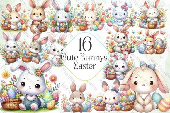 Beautiful 12 Easter Egg Baskets PLUS 16 Easter Bunnies DIY PNG Digital Sublimation Clipart Use for Junk Journal Scrapbooks Wall decor etc