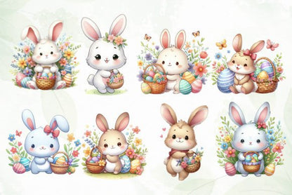 Beautiful 12 Easter Egg Baskets PLUS 16 Easter Bunnies DIY PNG Digital Sublimation Clipart Use for Junk Journal Scrapbooks Wall decor etc