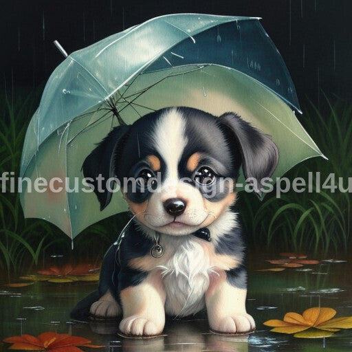 Cute Puppy In the Rain with Umbrella AI Created One of a Kind Digital Download Canvas Poster Wall Art DIY Printable Make Your Own Crafts