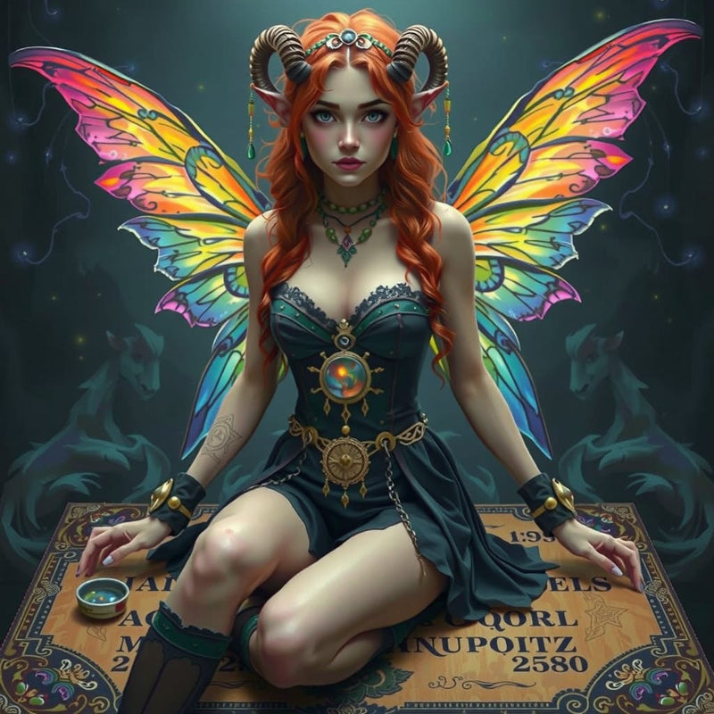 Mystic Faerie Sorceress with Rainbow Wings – Fantasy Digital Art of Enchanted Witch on Ouija Board with Magical Aura and Gothic Vibes
