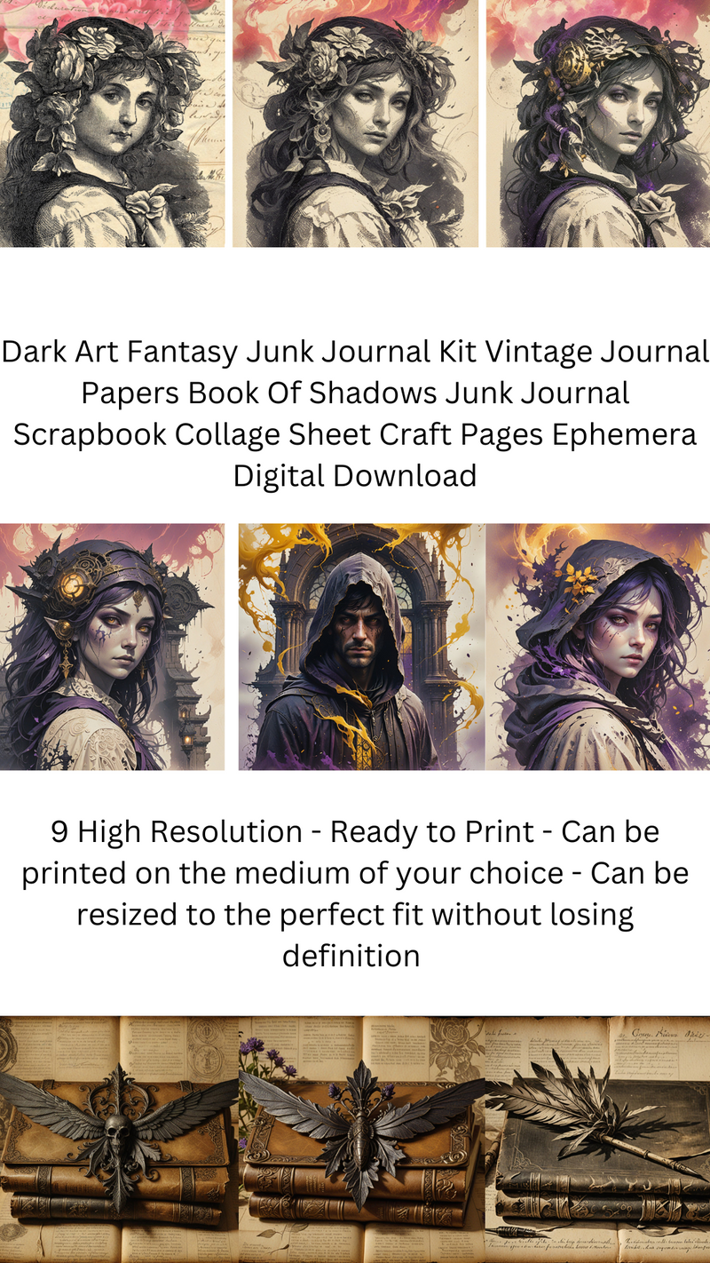  Dark Art Fantasy Vintage Journal Papers Book Of Shadows Junk Journal Scrapbook Individual Ephemera Collage Sheet DIY Pages Digital Download 