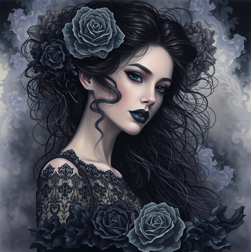 Dark Haired Beauty with Roses and Smoky Background AI-Generated Digital Download for Canvas Poster Wall Art DIY Crafts (Copy)