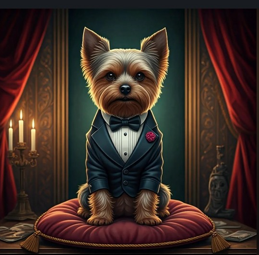 Decked Out Yorkie on Pillow - AI Created Transparent Background High Res - Digital Download Canvas Print Junk Journal Cottage Core DIY Craft