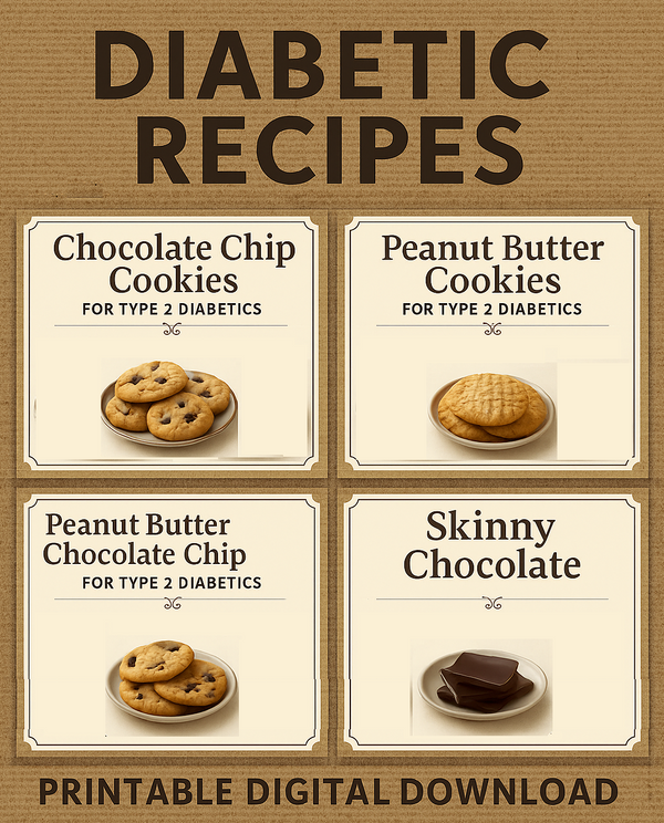 Diabetic-Friendly Cookie Recipe Card Set JPG PDF – Chocolate Chip, Peanut Butter, Peanut Butter Chocolate Chip Skinny Chocolate – Printables
