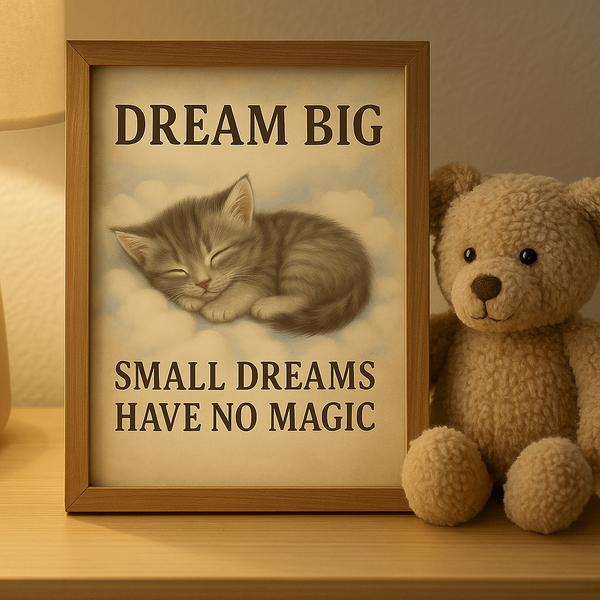 Dream Big Kitten Printable Wall Art 3 Dreamy Design Options – Crescent Moon, Cloud Bed, and Dream Catcher Themes PNG SVG Digital Downloads