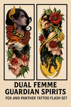 Dual Femme Guardian Spirits – Fox and Panther Tattoo Flash Set for Fantasy Ink Art or Tattoo Shop Display Digital Download Print